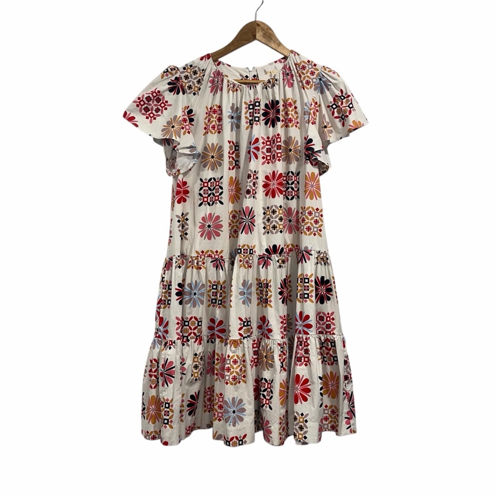 La DoubleJ Multicolor Midi Dress Floral Tile Print Tiered Cotton Med Casual 🟡 - Picture 4 of 14